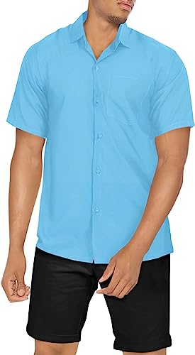 HAPPY BAY Mens Short Sleeve Button Down Casual Camp Summer Shirts Beach Shirts Business Solid Shirt for Men Vacation Dress Shirts with Pocket S Sky Plain