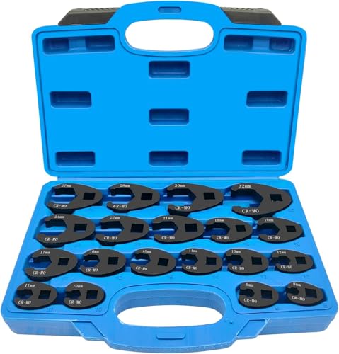 LIROPAU 19PCS 3/8” and 1/2” Drive Crowfoot Flare Nut Wrench Set, 8-32 mm Metric Chromium Molybdenum Steel Open End Drive Crows feet Spanners Wrench Set, Crows Foot Spanner Set