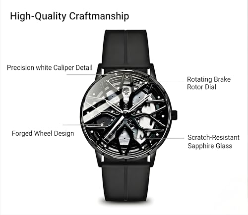 Image of Oculus Men's 3D Car Wheel Rotating Watch, Luxury Sport Quartz with Hollow Hub Dial, Magnetic Silicone Strap, Automotive-Inspired Design, Black Magnetic Straps