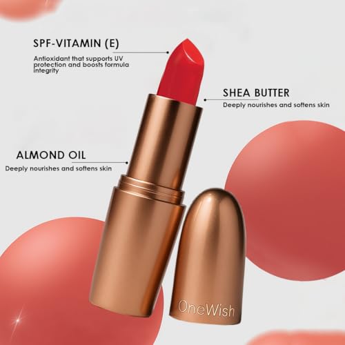 Image of One Wish Creamy Matte Lipstick - Red Flag Shade 27 | Long Lasting | Full Coverage | Creamy Formula | High Pigment | SPF | Enriched with Vitamin E, Almond Oil & Shea Butter | 8 Hrs Wear | Smooth Finish | 3.8 gm