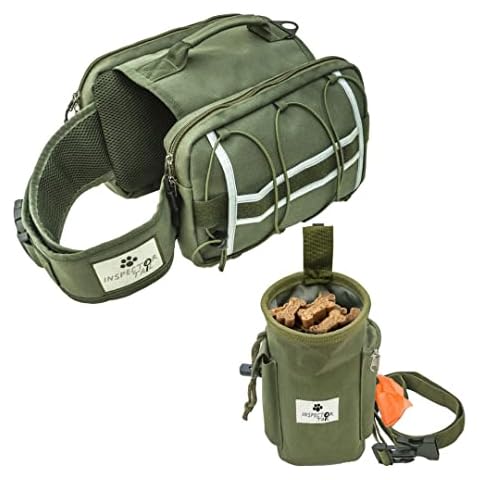 Comfortable Backpack for Anxious & Energetic Dogs w Treat Bag Bundle | Saddle Bag for More Focused & Calmer Hound | Reflective & Lightweight Harness w Roomy Pockets | Khaki Cover