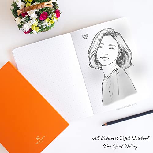 Image of NEORAH - A5 Dotgrid Notebook SOFT COVER | Organiser REFILL | Dotted notebook Journal | 110 GSM | 160 pages (Size 21 cm x 14.8 cm)Planner Journaling Writing Note Taking Diary, Travellers Journal-ORANGE