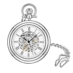 Stuhrling Original Men's Pocket Watch Stainless Steel Analog Skeleton Watch Hand Wind Mechanical Movement Stainless Steel Chain