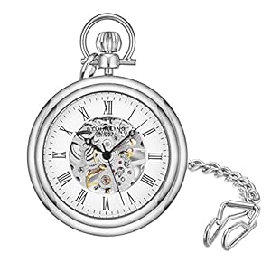 Stuhrling Original Men’s Pocket Watch Stainless Steel Analog Skeleton Watch Hand Wind Mechanical Movement Stainless Steel Chain