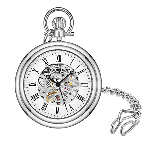 Stuhrling Original Men’s Pocket Watch Stainless Steel Analog Skeleton Watch Hand Wind Mechanical Movement Stainless Steel Chain