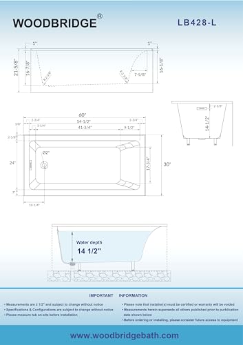 Image of WOODBRIDGE 60 inch Acrylic Rectangular Alcove Soaking Bathtub in White with Left Drain, Oil Rubbed Bronze pop-up Drain Included, LB428-L