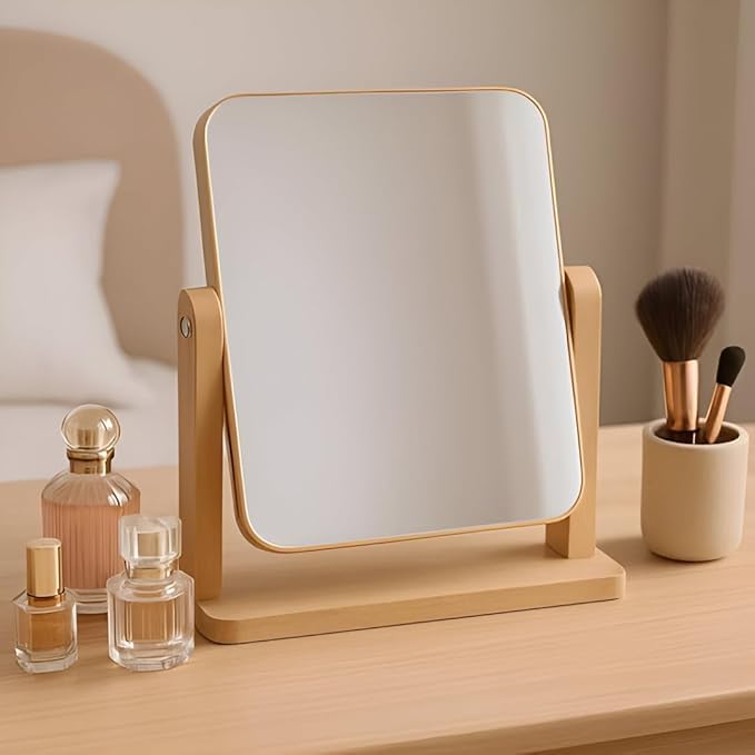 Wooden Tabletop Makeup Mirror Vanity Table Stand Mirror Swivel Bamboo Mirror for Bedroom Bathroom Desk (Square Shape, Framed)-image-44