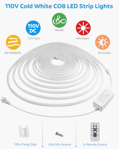 Tira LED COB 100 ft Blanco frío 110V resistente al agua miniatura 2