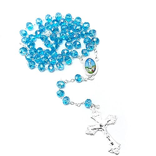 Terço Nossa Senhora De Fátima Cristal Acrílico Azul 8 Mm