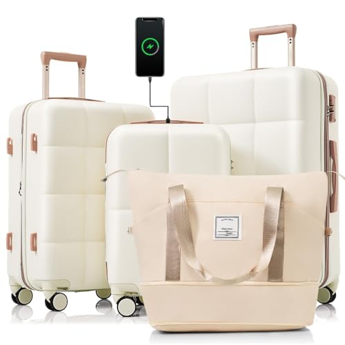 Luggage Sets 4 Piece, 20-inch with USB Port, Expandable ABS Durable Suitcase with Travel Bag, Cup Holder, ABS Hard Shell Luggage with Spinner Wheels, beige