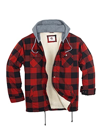 Image of COEVALS CLUB Men's Flannel Fleece Sherpa Quilted Lined Plaid Snap Work Shirt Jacket /Hooded