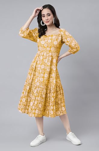 Image of Janasya Women's Cotton Floral Print Flared Dress