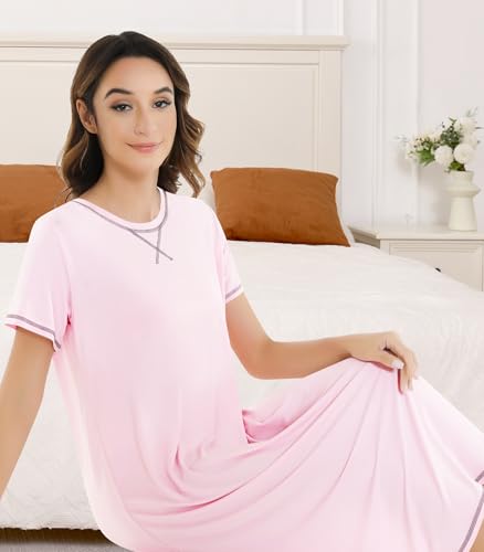 Image of NACHILA Women's Nightgowns-Viscose Made from Bamboo,Short Sleeve Sleepshirts Crew Neck Nightshirt Soft Sleep Dress