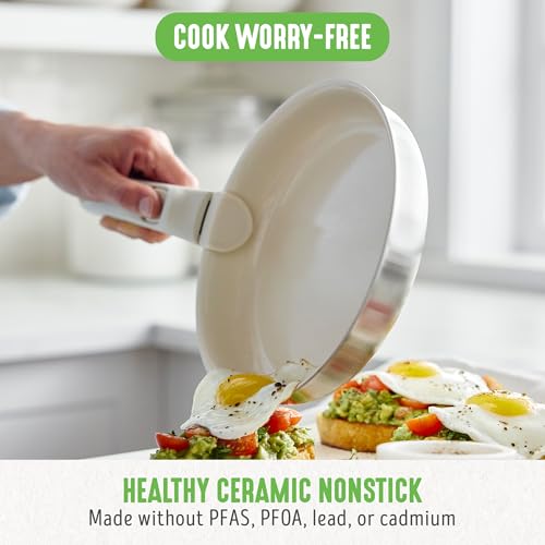 GreenLife 10 Piece Stainless Steel Pots and Pans, Detachable & Stackable Kitchen Set, Tri Ply Ceramic Nonstick PFAS Free Cookware, Space Saving with Removable Handle, Induction & Oven Safe, Glass Lid