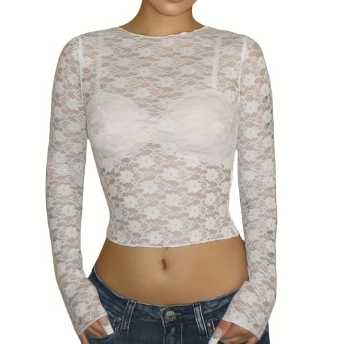 Lace Long Sleeve Tops for Women-Skin Friendly Crew Neck Wave Hem Floral Embroidered Crop Top-Under Scrubs/Valentine's Day White