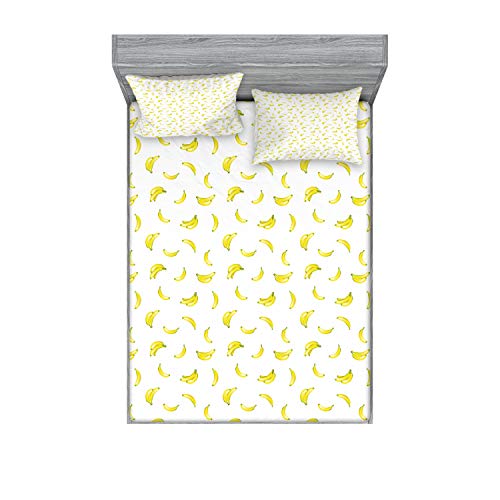 Ambesonne Banana Fitted Sheet & Pillow Sham Set, Graphic Illustration of Tropical Fruit Ripe and Healthy Exotic Food, Decorative Printed 3 Piece Bedding Decor Set, King, Pale Green Yellow
