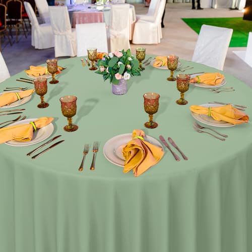 Image of Ragnhild 16 Pack Sage Green Plastic Tablecloths for Round Tables, Premium Decorative Sage Disposable Table Covers for Parties, Round Party Table Cover for Birthday Wedding Baby Shower Party, 84 Inch