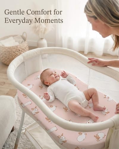 Image of Bassinet Sheets for Baby Girls Boys 3 Pack, Fitted Baby Mattress Sheet for Rectangle, Oval, Hourglass Bassinet Mattress, Breathable Cozy & Universal Fit (Blush Bunny, Bassinet Sheet)