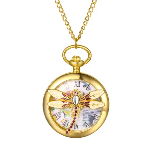 JewelryWe Montre Gousset Femme Fantaisie: Montre de Poche à Quartz Vintage Dorée avec Pendentif...
