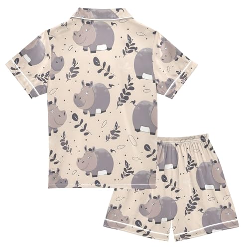 ALAZA Hippopotamus Leaf Pajamas Satin Pajama Set Short Sleeve Button Down Sleepwear2
