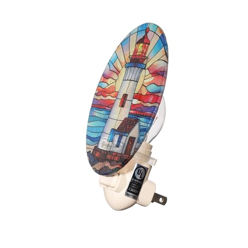 Image of Lighthouse Stained Glass Styled Night Light Plug in - Made with Real Glass, Bulb Included, On /Off Switch - Nautical Beach Theme Bathroom, or Beach House Accent Light Dawn Red Blue