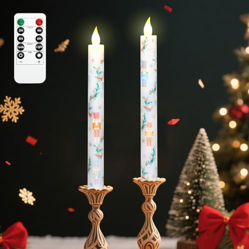 Image of Crystal Club Christmas Nutcracker Flameless Taper Candles with Remote & Timer, Battery Operated Taper Candles, Candy Colored Decal Real Wax Flickering LED Candlesticks for Holiday Christmas Home Decor