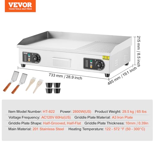 Image of VEVOR Upgraded Commercial Electric Griddle, 2800W Countertop Half-Flat Top Grill, 122℉-572℉ Adjustable Temp, 29'' Stainless Steel Griddle Grill for Home or Restaurant(No Plug)