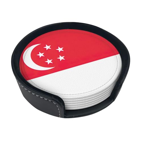 Singapore Flag Print 6 Pcs PU Coasters Set for Drinks,Home Decor Housewarming and White Elephant...
