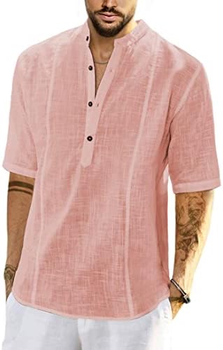 JMIERR Mens Linen Shirt Summer Casual T Shirts Henley Shirts Short Sleeve Button Up Dress Shirt V Neck Beach Shirt