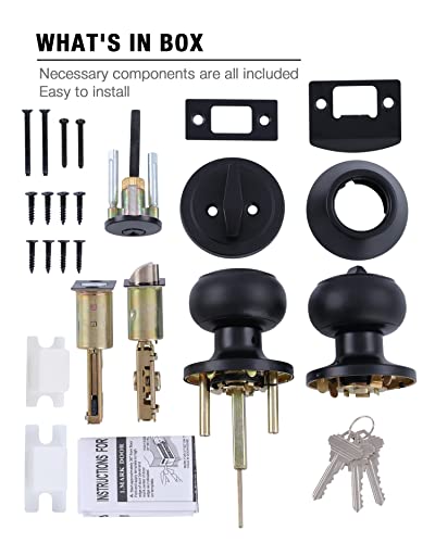 Gitrang (3 Pack All Keyed Identical Deadbolt Door Knob Single Cylinder Deadbolt Lock Combo Set, Classic Matte Black Exterior Door Knobs With Deadbolt Entrance And Front Door Lock #TOP5