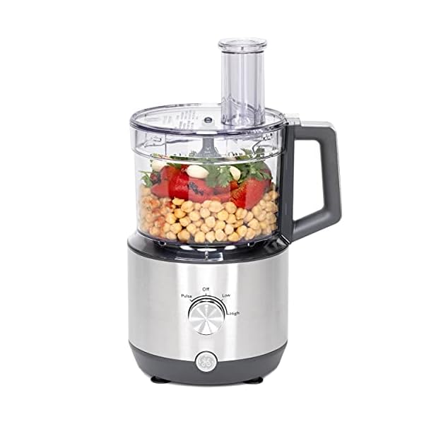 GE Food Processor |12 Cup | Complete with 3 Feeding Tubes & Stainless Steel Accessories-3 Discs + Dough Blade | 3 Speed | for Shredded Cheese, Chicken & More | Kitchen Essentials | 550 Watts
