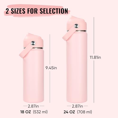 Fijinhom 18oz Insulated Stainless Steel Water Bottle, Wide Mouth Double Wall Vacuum, Silicone Straw, Sweat & Leak Proof, BPA Free Insulated Water Flask for Travel, Keep Cold 24h Hot 12h, Coral Pink