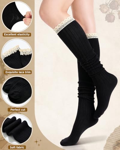 Image of Syhood Cotton Women thigh high socks with Lace Trim over the knee High Socks Boutique Lace Tall Boot Stockings for Women
