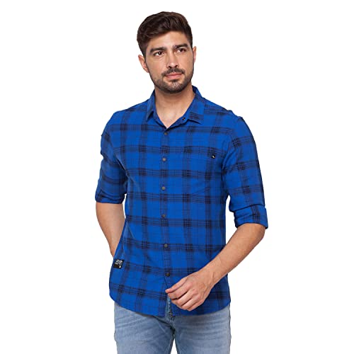 Image of Spykar Men's Regular Fit Raised Collar Full Sleeve Checked Casual Shirts