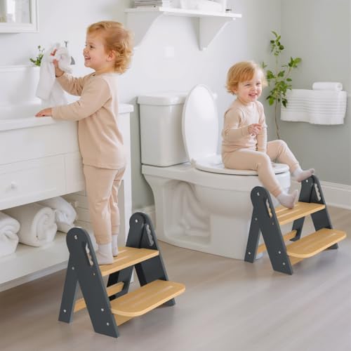 Wooden Step Stool for Toilet, 2-Step Toddler Stool with Handles, Foldable Kids Step Stool for Potty Training, Sturdy Child Stepping Stool for Bathroom Sink, Kitchen Counter Bedroom (Grey, 1 Pack)