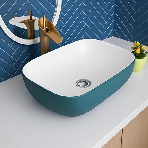 Image of Ceramic Table Top Wash Basin with Slim Rim Design, Premium White Vessel Sink for Bathroom & Vanity Counter, Modern Countertop Basin, 18 x 13 x 5.5 Inch