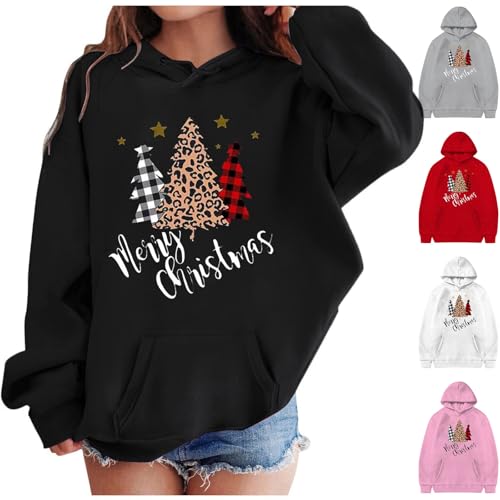 Image of Boys And Girls Christmas Hoodie Fleece Lined Warm Winter Sweatshirt Kids Casual Pullover with Pocket Festive Xmas Print Hooded Top Cute Snowflake Reindeer Pattern Long Sleeve (Black, 12-13 Years)