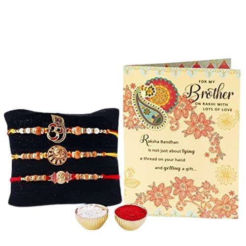Image of ARCHIES Rakhi for Brother Rakshabandhan Combo of 3 Great Om Rakhis With 1 Roli & Chawal Set-10gm & Greeting Card (Pack of 5) for Bhaiya|Bro|Bhai