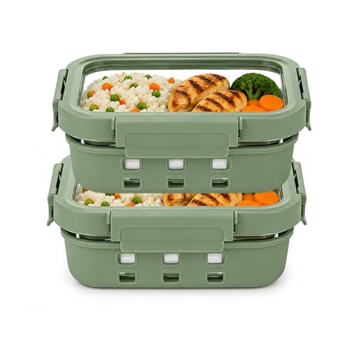 Image of Griplok Glass Lunch Box with Leakproof Lid, Borosilicate Food Storage Container with Silicone Sleeve, Airtight, Microwave /Dishwasher Safe (Forest Green, 2x1050ml)