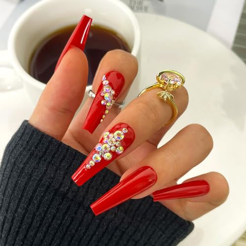 Artquee Red Coffin Press on Nails Long Fake Nails with Rhinestone...
