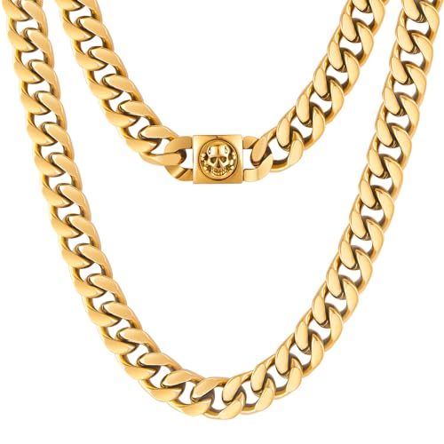 KRKC&CO 12mm Mens Cuban Link Chain For Men, 18k Gold Plated Miami Thick Necklace, Lion, Skulls Square Clasp, Durable Anti-tarnish Urban Street-wear Hip Hop Jewelry for Him Rapper