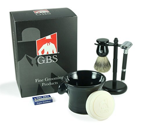 G.B.S Men's Shaving Set- Butterfly Open Double Edge Razor, Shave Brush with dual stand, Shaving Mug with Knob Handle, Natural Shave Soap, 10