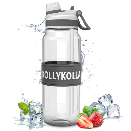 KollyKolla Botella Agua 1 Litro, Botella de Agua Deportiva con Pajita Tritan sin BPA, Reutilizable Botellas de Agua, Botella Agua Gimnasio para Niños & Adultos, Deporte, Oficina