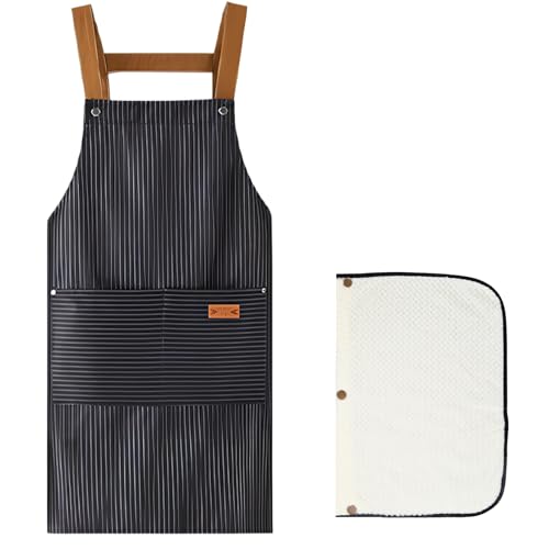 Delantales Cocina para hombre y mujere, Impermeable Resistente al aceite delantal con dos bolsillos, Ajustables delantal con toalla desmontable para cocinar asar hornear ycafeterías (Blanco y negro)