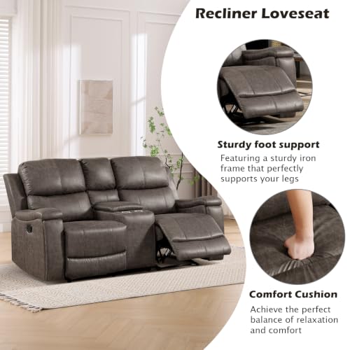 Image of CANMOV Manual Reclining Loveseat Sofa with Console,Faux Leather Double Recliner Loveseat Sofa with Hidden Storage and Cup Holders,Manual Recliner Loveseat Couch Set for Living Room,Grey