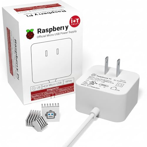 Genuine Pi Power Supply Adapter with 3PCS IoTCrazy Heatsink for All of Pi Micro USB Boards Support 3 B+/Pi 3 /Pi Zero W/Pi Zero/Pi 1 /Pi 2 /Pico 5.1V 2.5A US Plug White