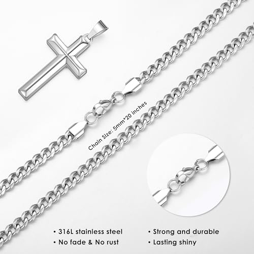 IEFLIFE Cross Necklaces Gifts - Cross Necklaces Gifts for Men Him, Silver Cuban Link Chain Stainless Steel Cross Necklace Jewelry Anniversary Birthday Gift for Dad Husband Son Grandson Gift4