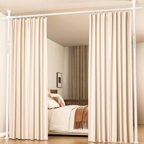 Image of Room Divider No Drilling Curtain Rod Wall Divider for Room Separation, 4-10ft(H) 28-70inch(W) Adjustable,Heavy Duty Floor to Ceiling Portable Hanging Wall Divider for Space Partitions,White