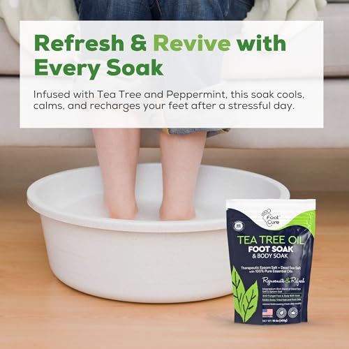 Tea Tree Oil Foot Soak with Epsom Salt - For Toenail Repair, Athletes Foot, Softens Calluses, Soothes Sore & Tired Feet, Nail Discoloration, odor Scent, Spa Pedicure Care - Made in USA 16 oz