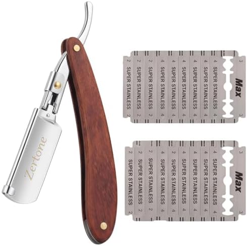 Zertone Straight Razor for Men - Professional Barber Straight Edge Razor with Natural Wood Handle, Secure Blade Locking System & 20 Double Edge Blades, Manual Shaver for Close Shaving & Beard Trimming